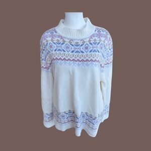 Alfred Dunner Women's White Fair Isle Knit Sweater Size L